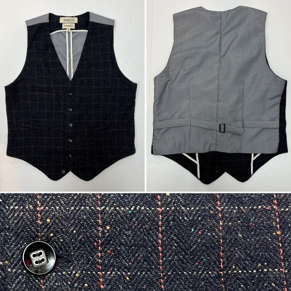 Men's Barque New York M Navy Blue Tweed Wool Blend Red Plaid Speckled Vest